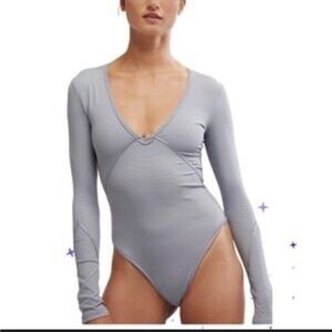 Free People Victory Light Gray Long Sleeve Ribbed Bodysuit
